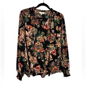 Umgee Floral Dark Romantic Long Sleeve Tassel Blouse Size Small